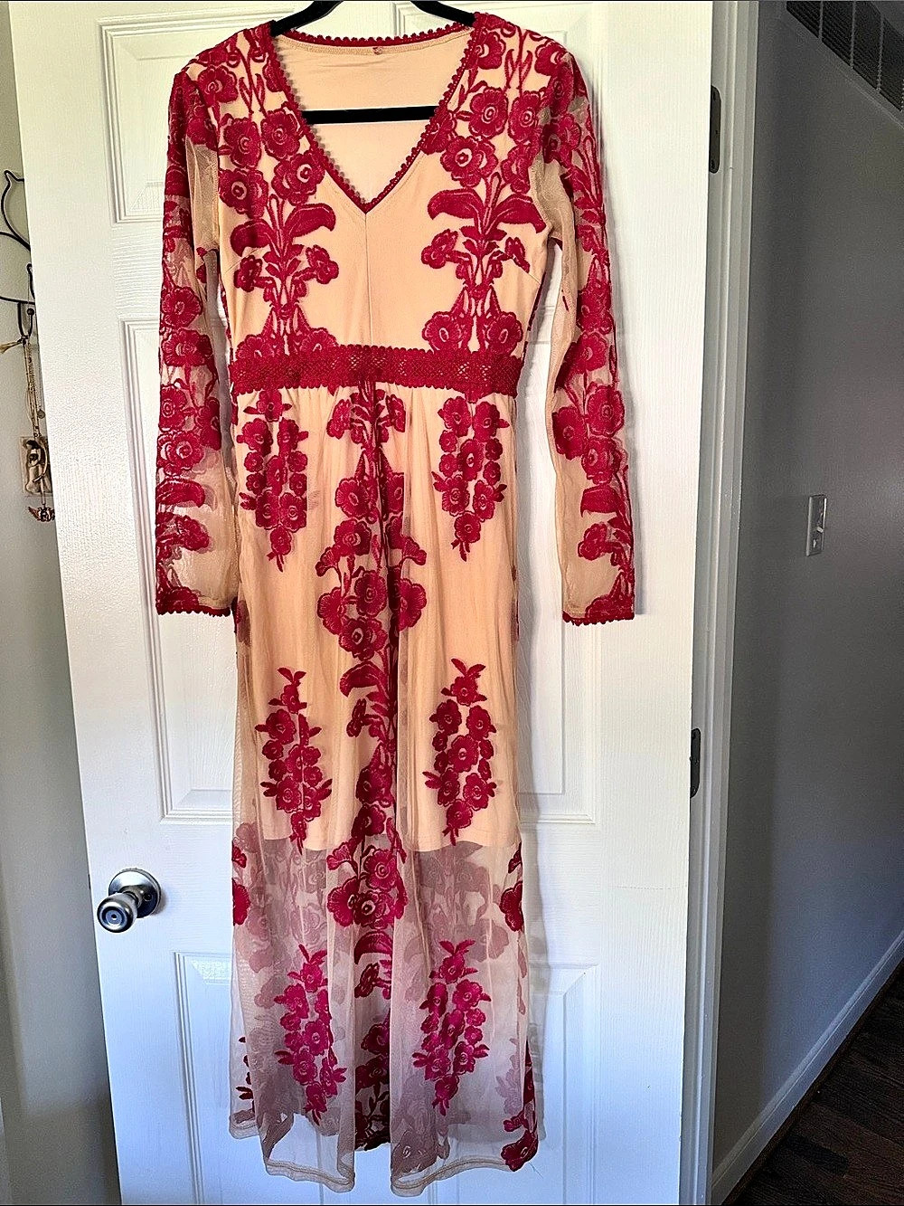 Floral Embroidered Maxi Dress in Pink & Red